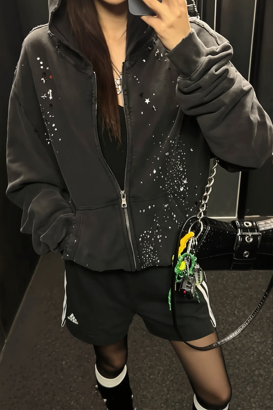 Rhinestone Washed Zip Hoodie