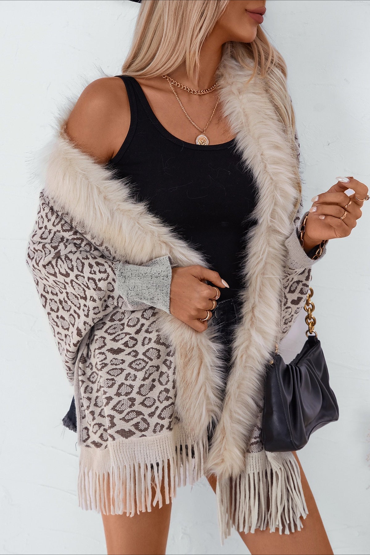 Leopard Print Fur Collar Shawl Batwing Knit Coat Apricot / One Size