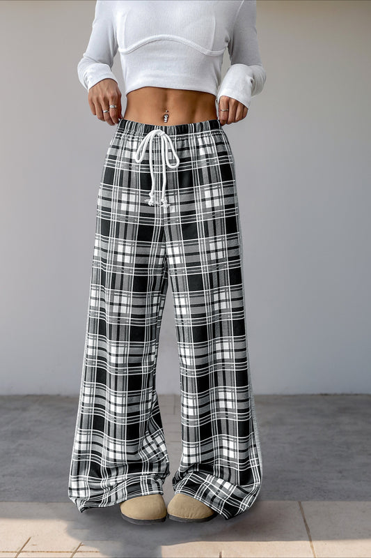 Plaid Elastic Waist Loose Fit Pants