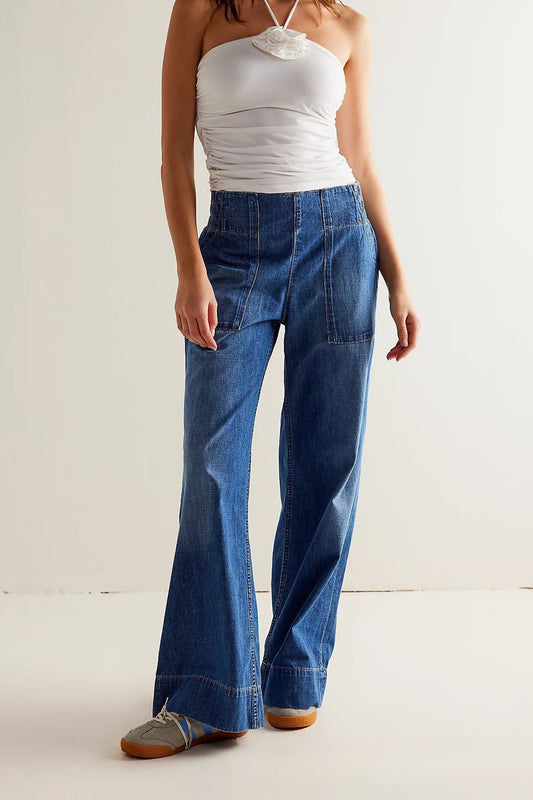 Elastic Waist Mid Rise Ruched Loose Wide Leg Jeans
