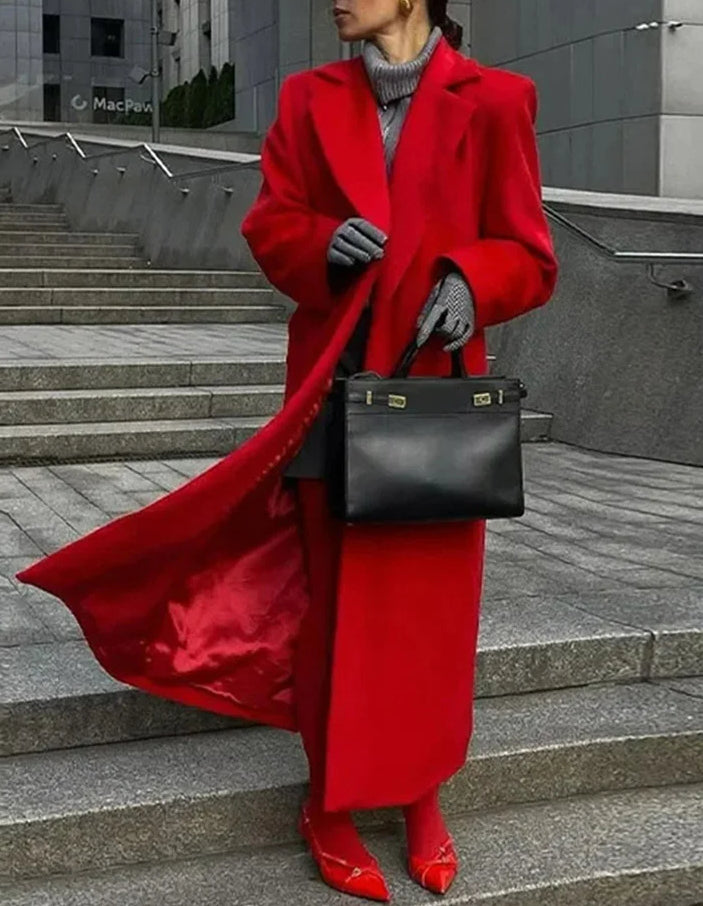 Red Woolen Blend Lapel Coat