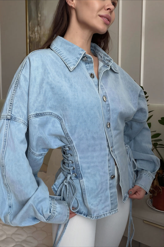 Corset Lace Up Oversized Denim Blouse