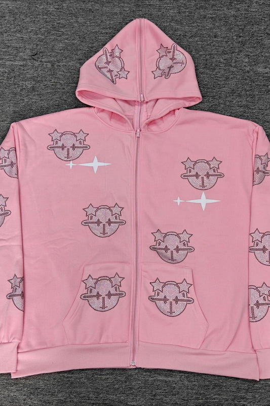 Rhinestone Graphic Full Zip Hoodie