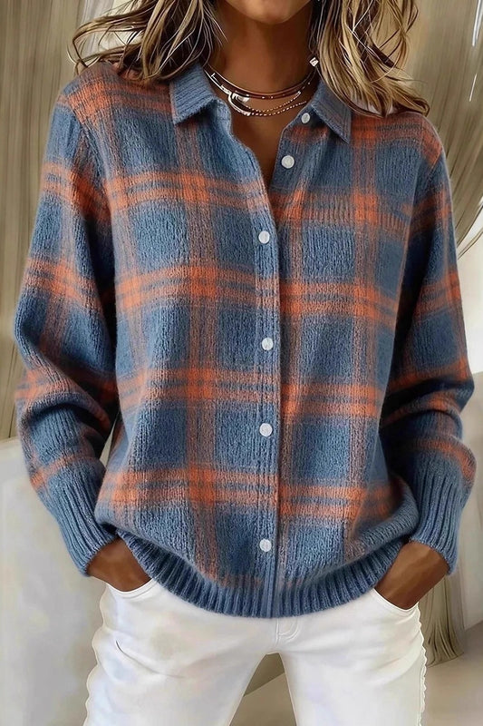 Plaid Collared Button Front Knit Cardigan