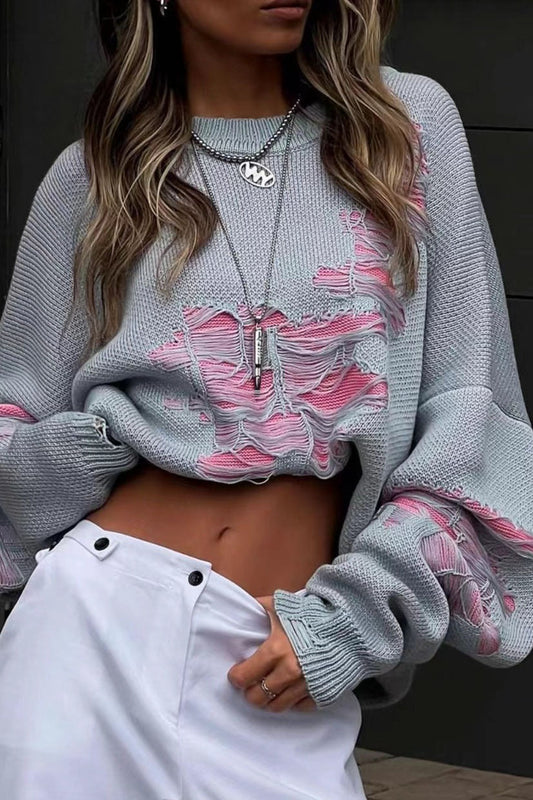 Casual Distressed Long Sleeve Blouse