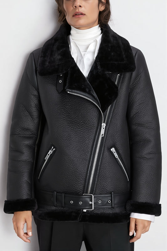 Asymmetric Zip Shearling Moto Coat