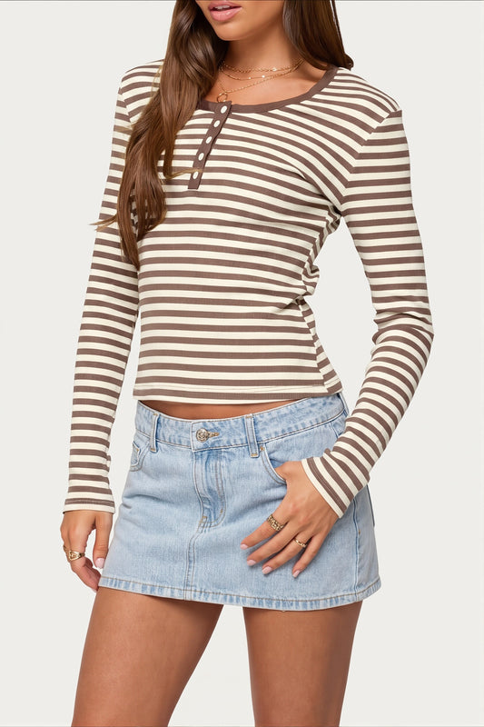 Striped Henley Neck Fitted T-shirt