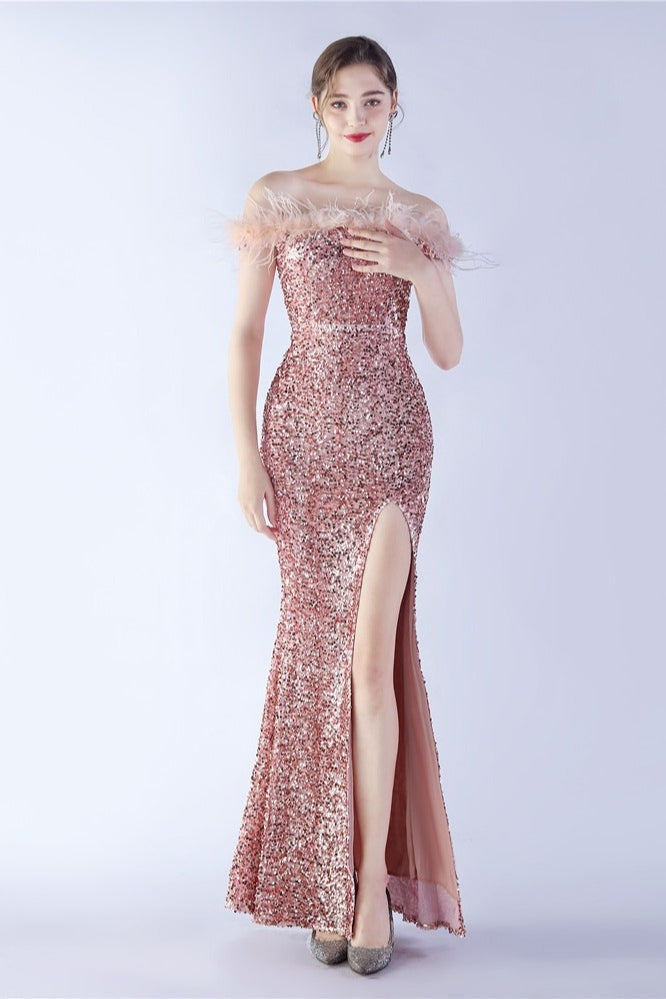 Velvet Sequin Ostrich Feather Off Shoulder Formal Dress