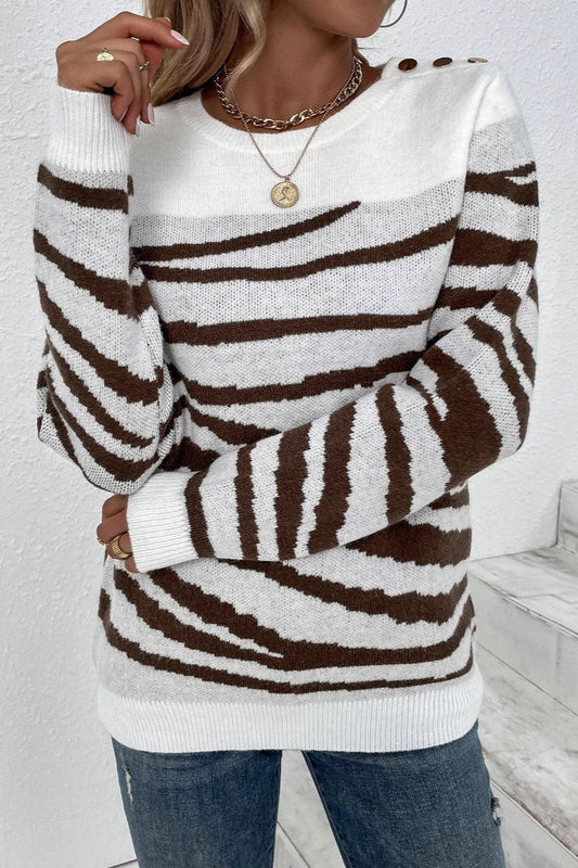 Zebra Colorblock Button Shoulder Sweater