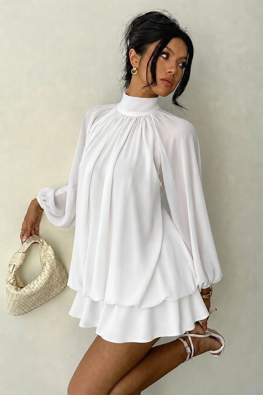 Sheer Balloon Sleeve Ruffle Mini Dress