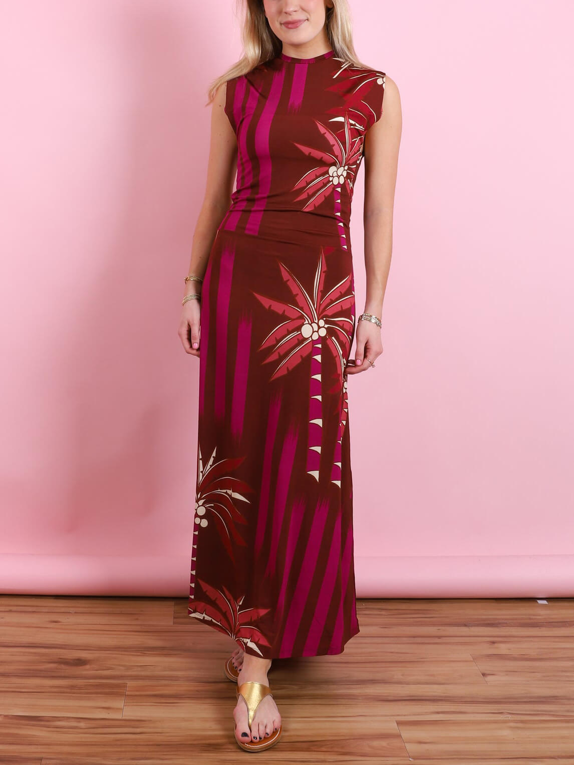 Exquisite Vintage Palm Tree Graceful Print Stretch Knit Midi Dress