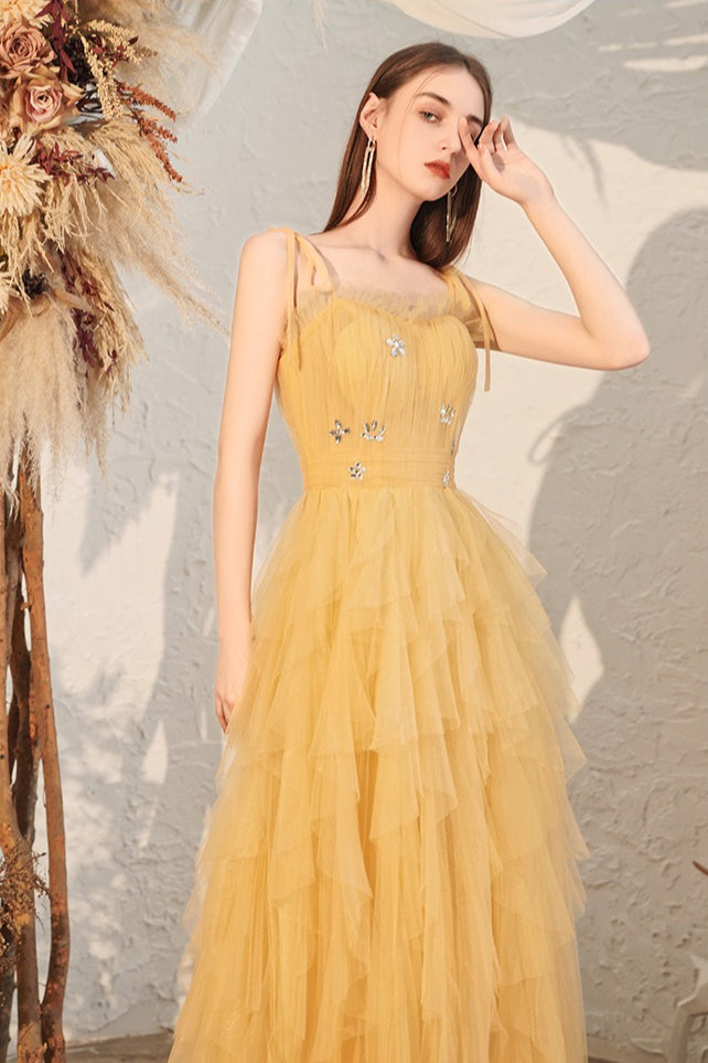Yellow Spaghetti Strap Mini Formal Dress