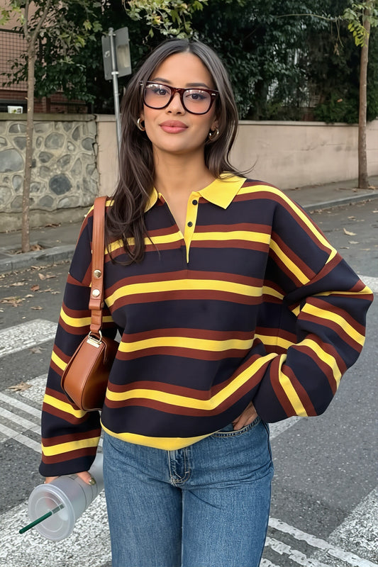 Striped Polo Collar Relaxed Sweater