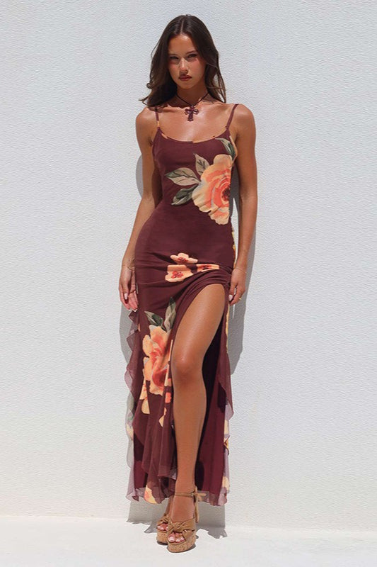 Robe longue sexy en maille florale fendue dos nu