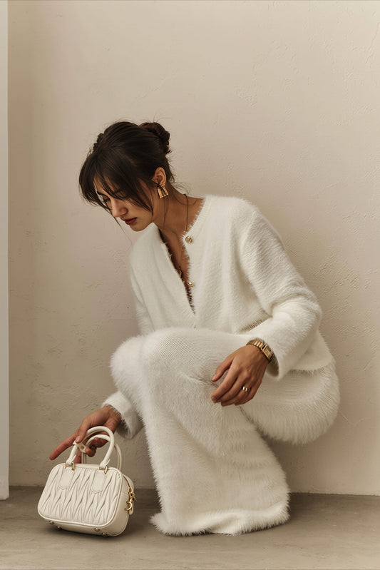 Knit Fuzzy Button Cardigan Maxi Skirt Set