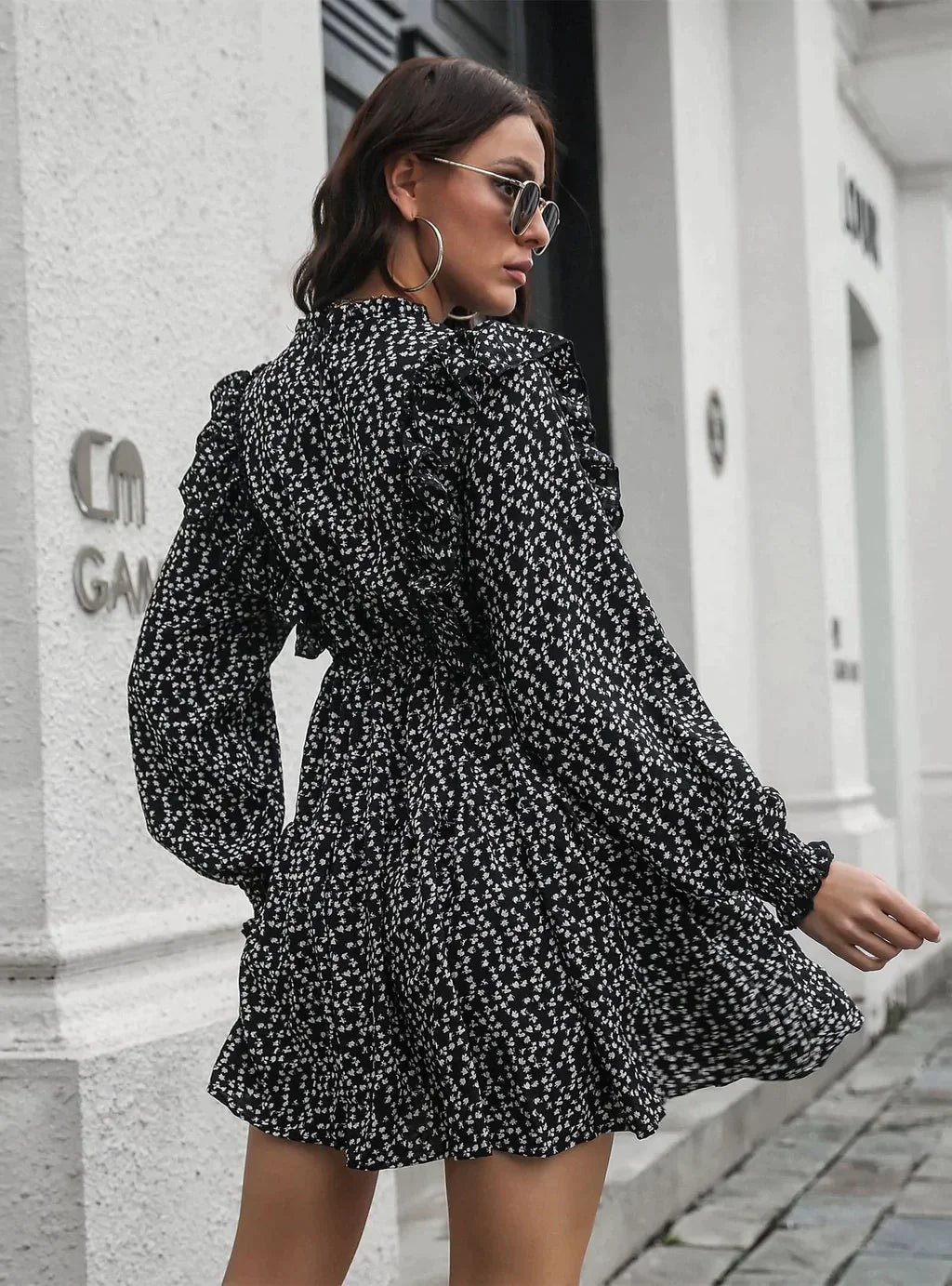 Wood Ear Collar Long Sleeve Printed Dress with Ruffled Detail