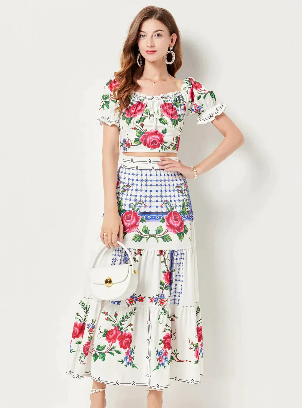 Rose Print Top and Splicing Skirt Set