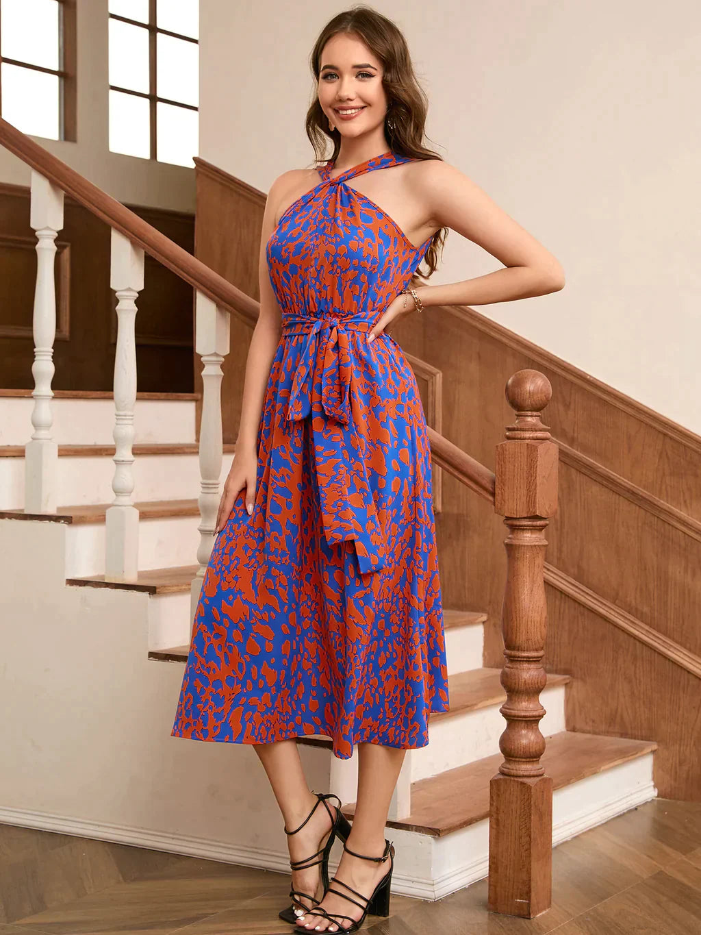 Vintage Printed Halter Lace-Up Dress