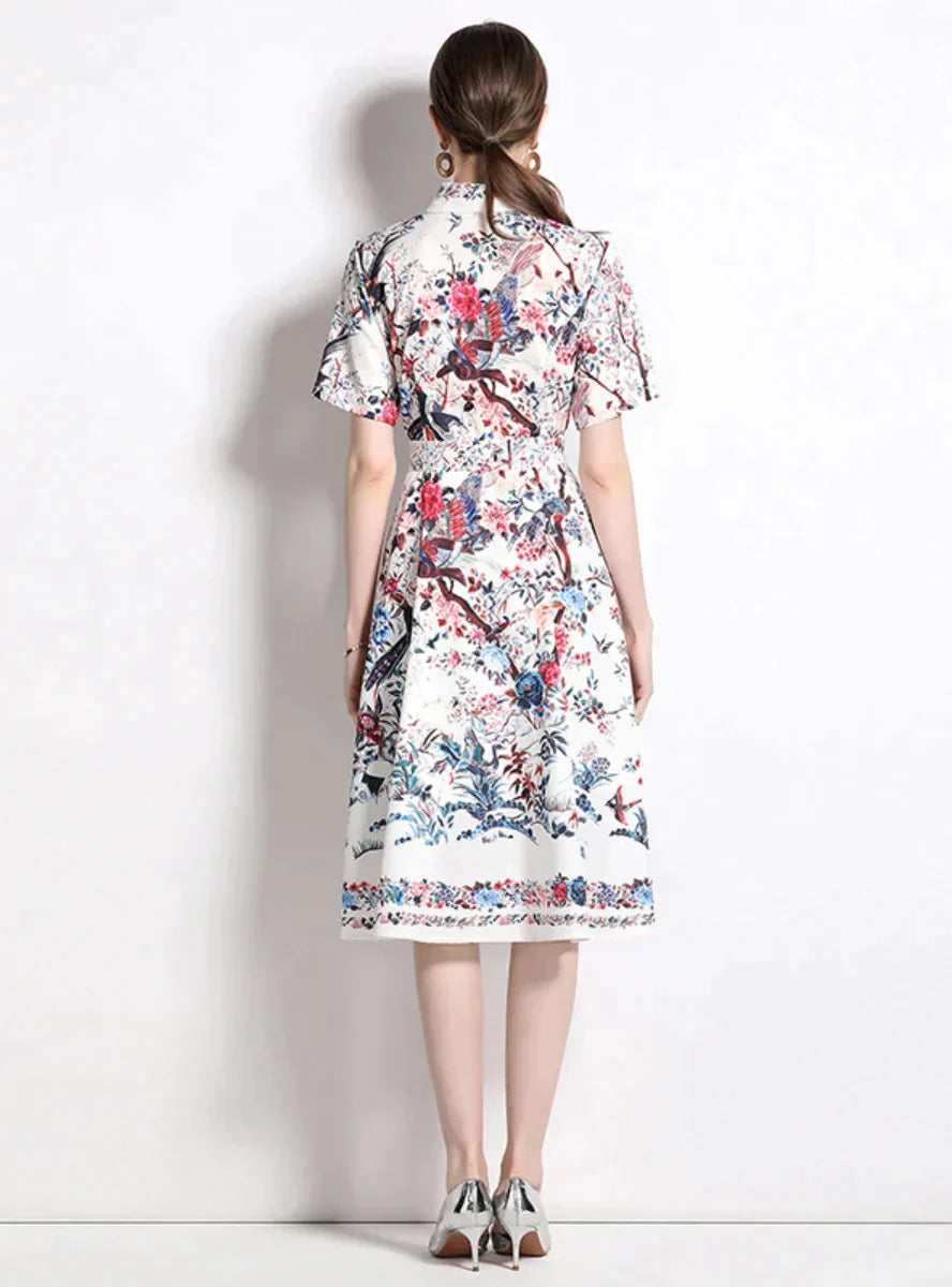 Printed Big Swing Dress with Shirt Lapel and Short Sleeves