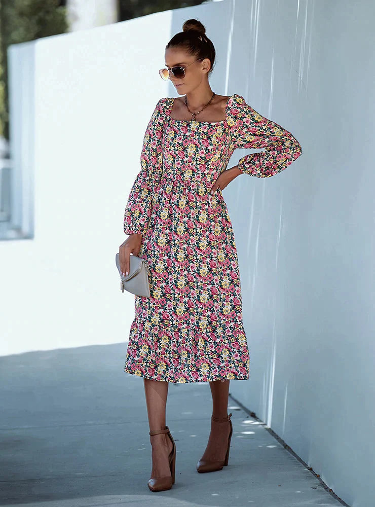 Printed Long Sleeve Dress with Square Collar