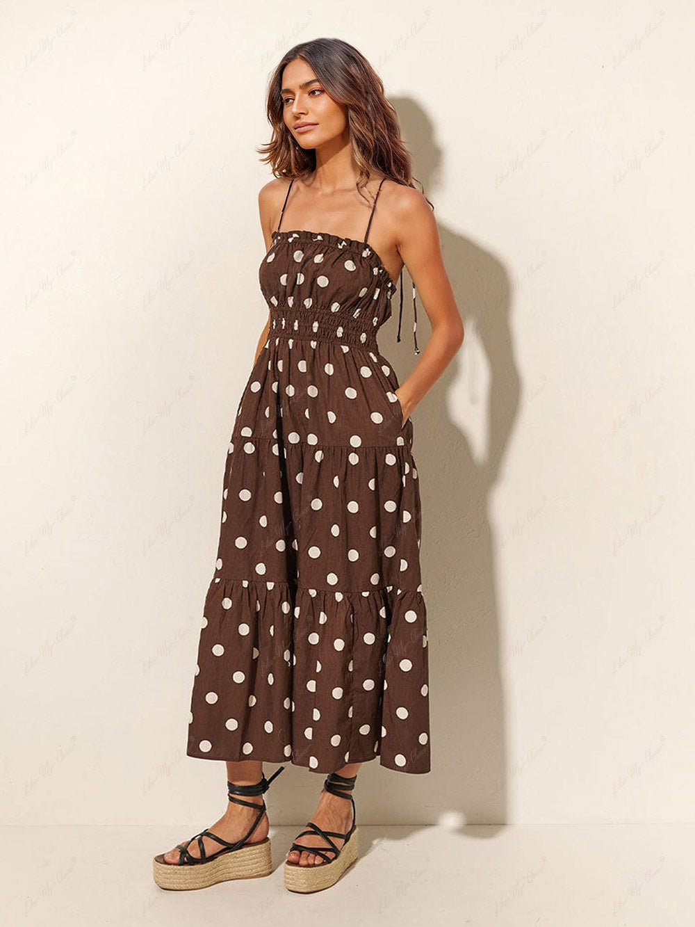 Chocolate And Ivory Polka Dot Trendy Print Pleated Elastic Strap Dress Dresses