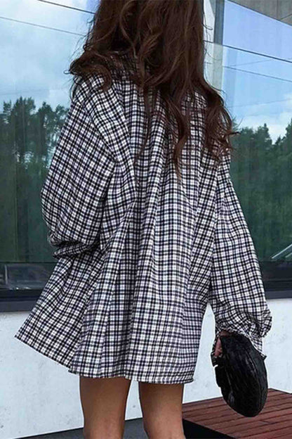 Plaid Lantern Sleeve Long Blouse with Drop Shoulder