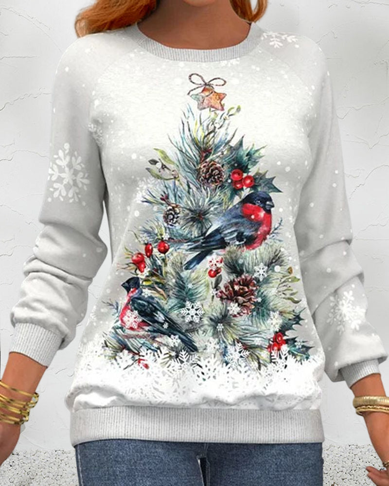 Tree Christmas Long-Sleeved Patterned Sweatshirt