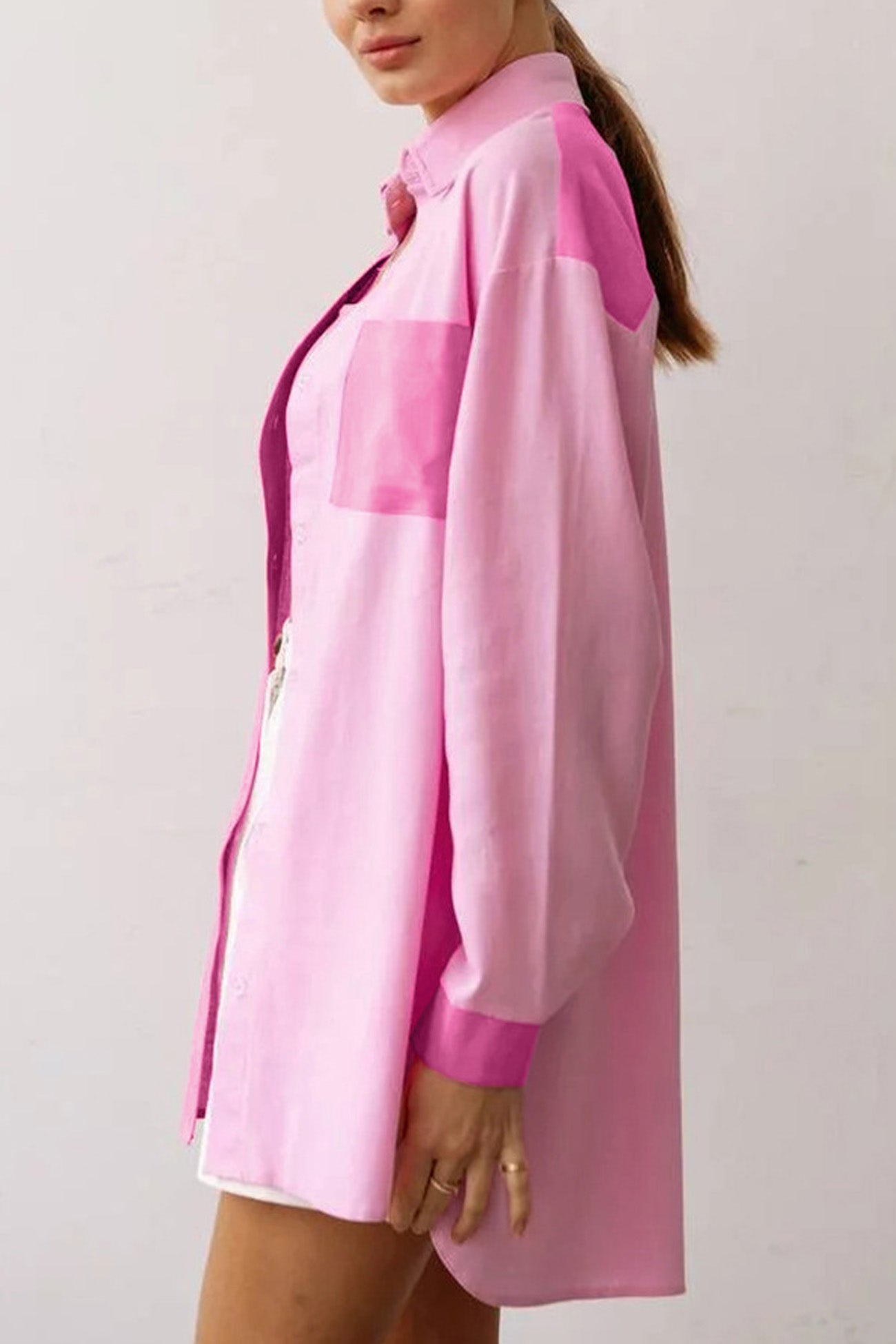 Pink Button-Up Long Sleeve Blouse with Lapel Pocket