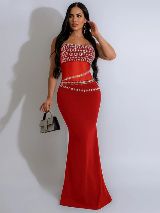 Elegant Mesh See Through Rhinestones Strap Sleeveless Red Christmas Party Dress