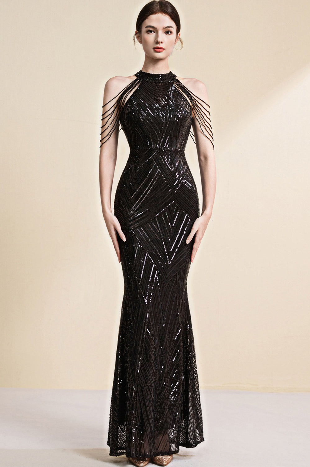Elegant Slim Fit Long Gown Formal Dress S / Black