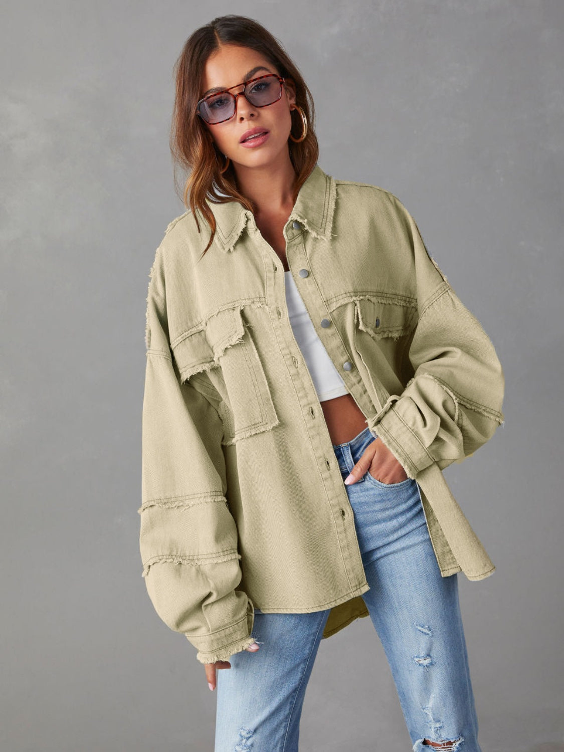 Dropped Shoulder Raw Hem Jacket Cream clothes Denim Jacket Jacket long sleeve top Outerwear Ship From Overseas Shipping Delay 09/29/2023 - 10/02/2023 X@Y@K