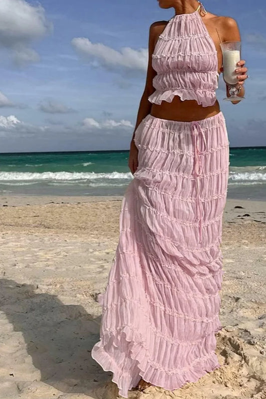 Ruched Halter Cami & Maxi Skirt Boho Dress Pink / S