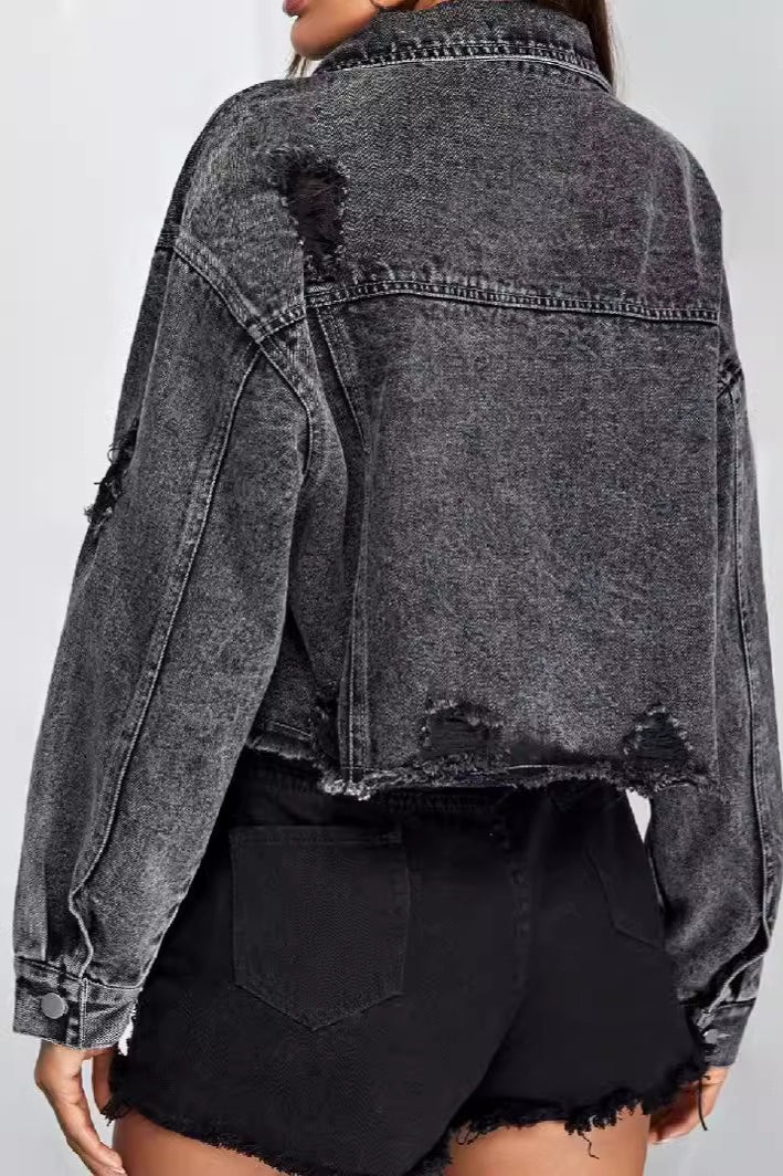 Distressed Raw Hem Denim Jacket