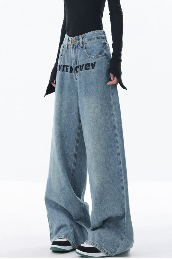 High Rise Embroidered Wide Leg Jeans