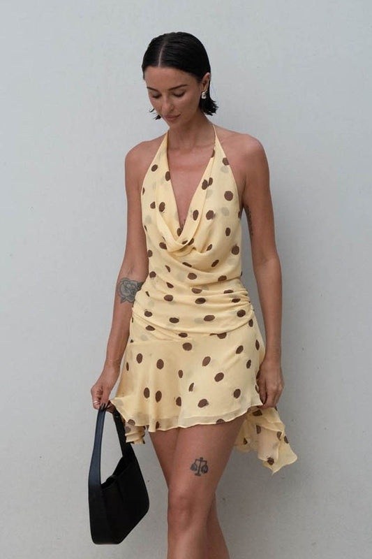 Polka Dot Chiffon Halter Deep V Slit Backless Mini Dress