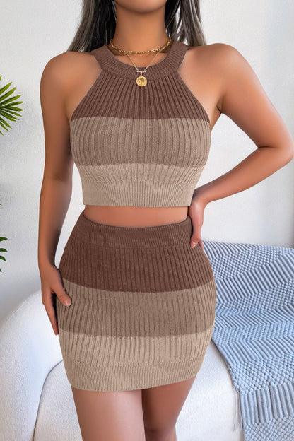 Color Block Sleeveless Crop Knit Top and Skirt Set Camel B.J.S bottoms clothes crop top croptop sets Ship From Overseas skirts trend