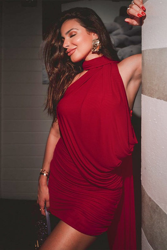 Sheer Tie Neck Bodycon Cocktail Dress S / Red