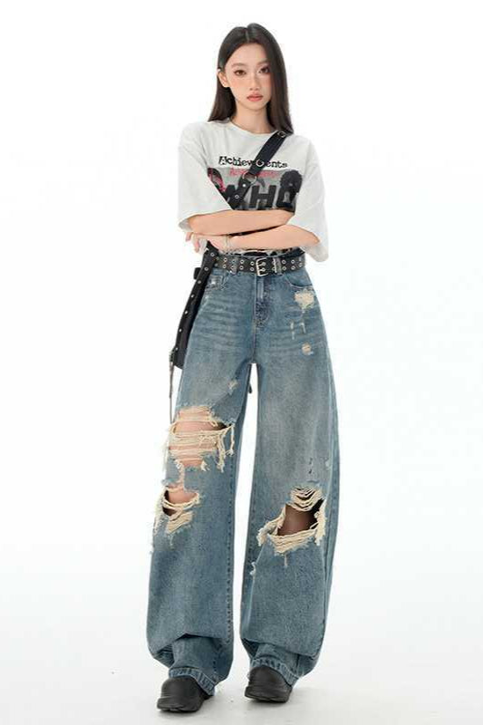 Retro Distressed Long Straight Leg Jeans