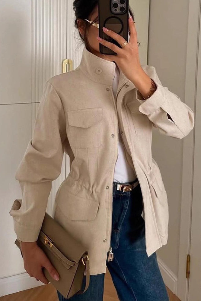 Retro Solid Collared Elastic-Waist Long-Sleeve Trench Jacket