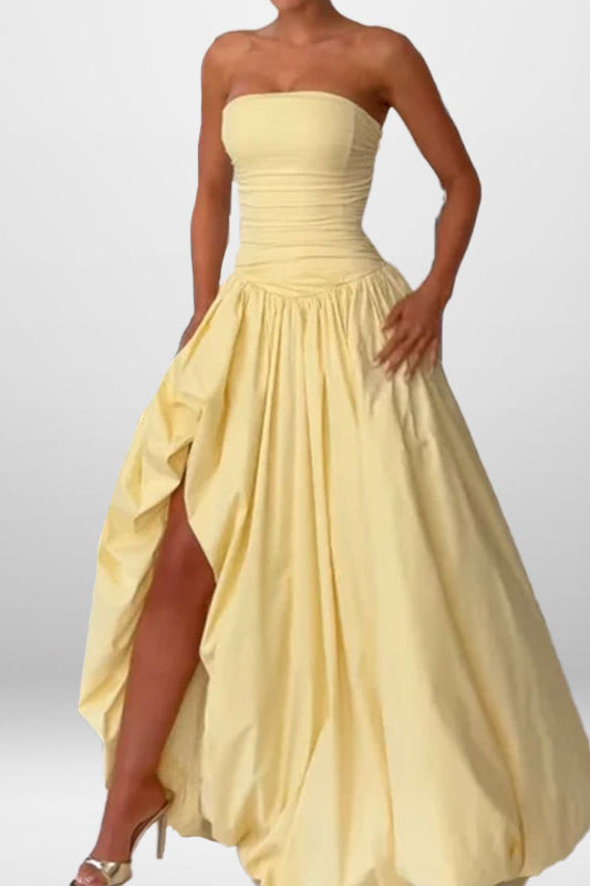 Strapless Split Tie Solid Evening Party Dress