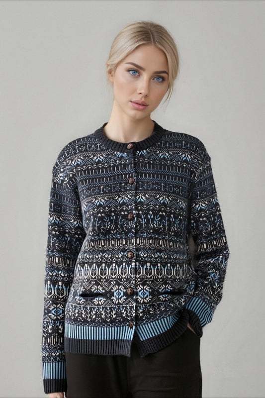 Fair Isle Jacquard Colorblock Crew Neck Knit Cardigan