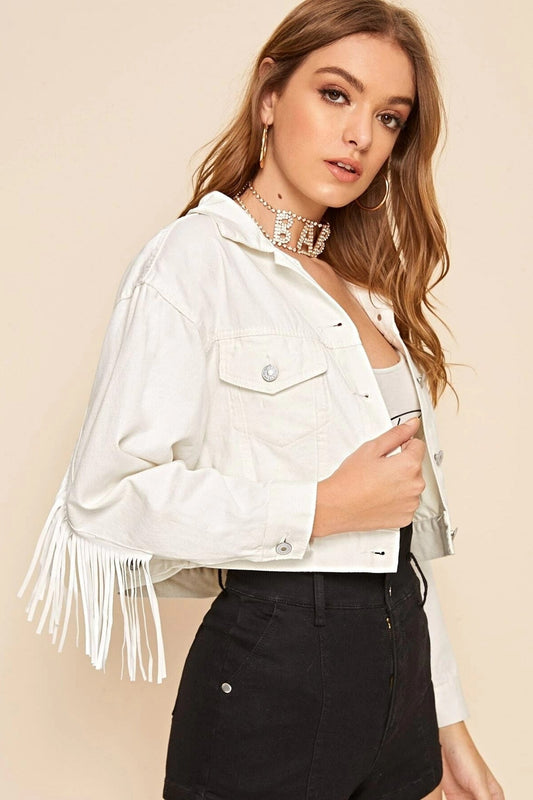 Casual White Fringe Denim Jacket White / XS