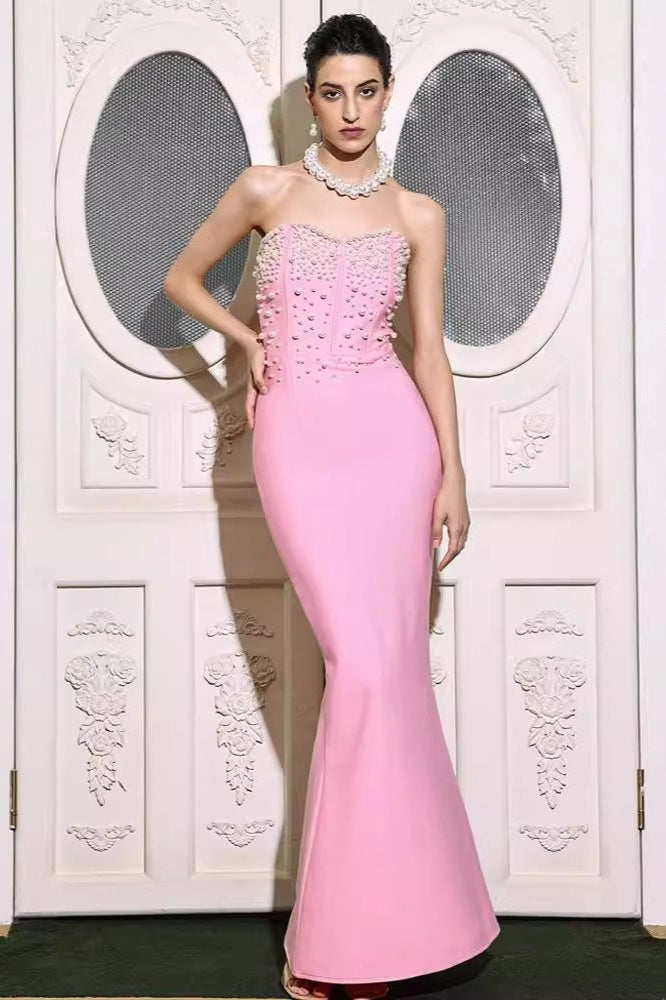 Strapless Pearl Bandage Party Dress S / Pink