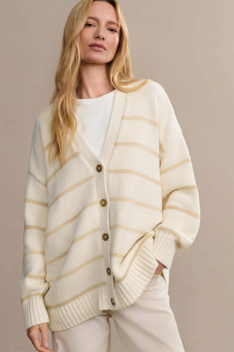 V Neck Striped Cotton Sweater S / Beige
