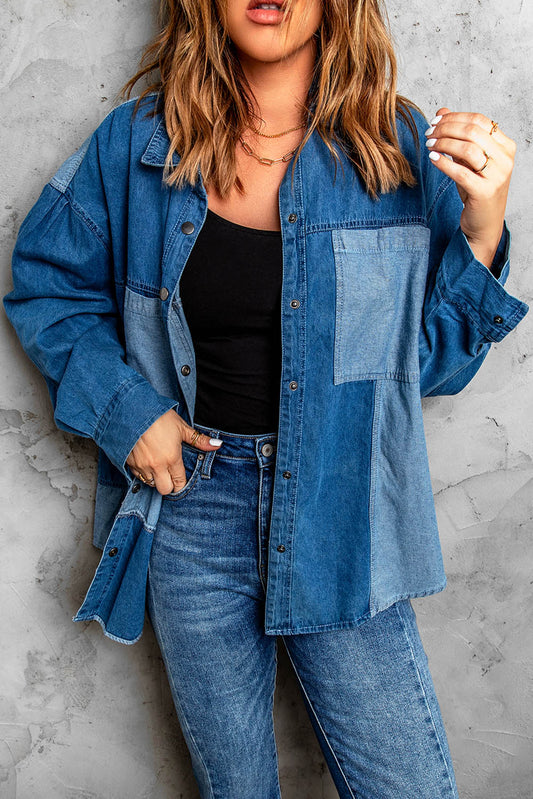 Color Denim Snap Block Jacket with Design