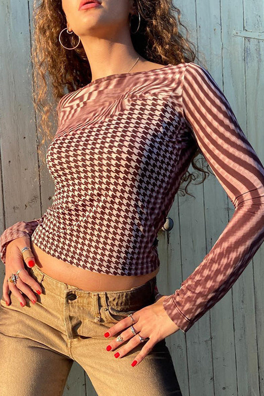 Printed Crew Neck Cropped Long Sleeve Tee Brown / S