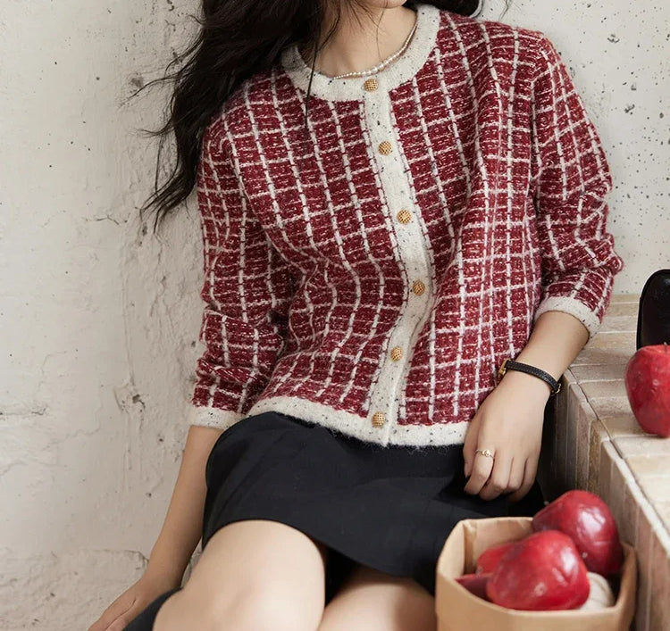 Plaid Tweed Retro Red O-Neck Cardigan