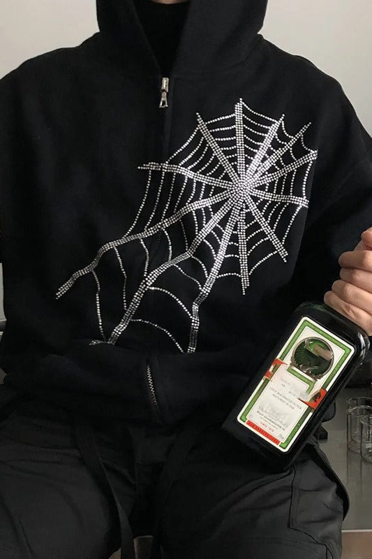 Rhinestone Spider Zip Hoodie