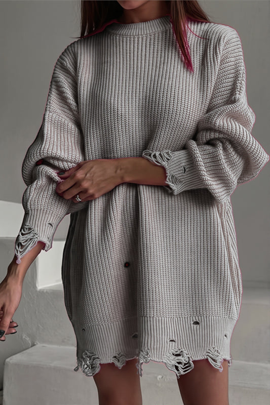 Distressed Crew Neck Tunic Sweater