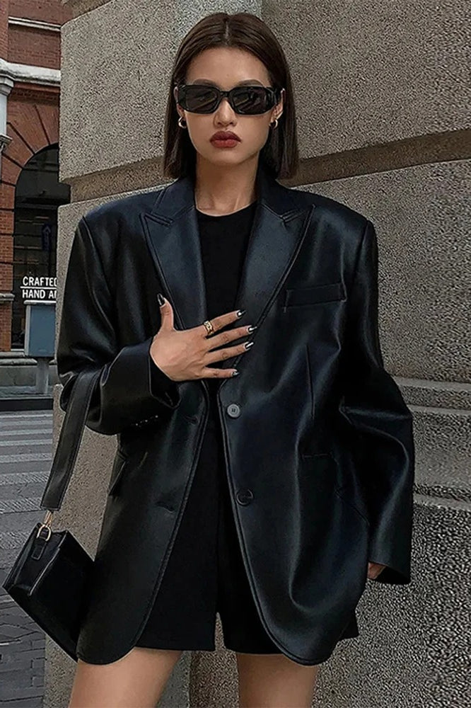 Black PU Leather Blazer Jacket Black / XS coats